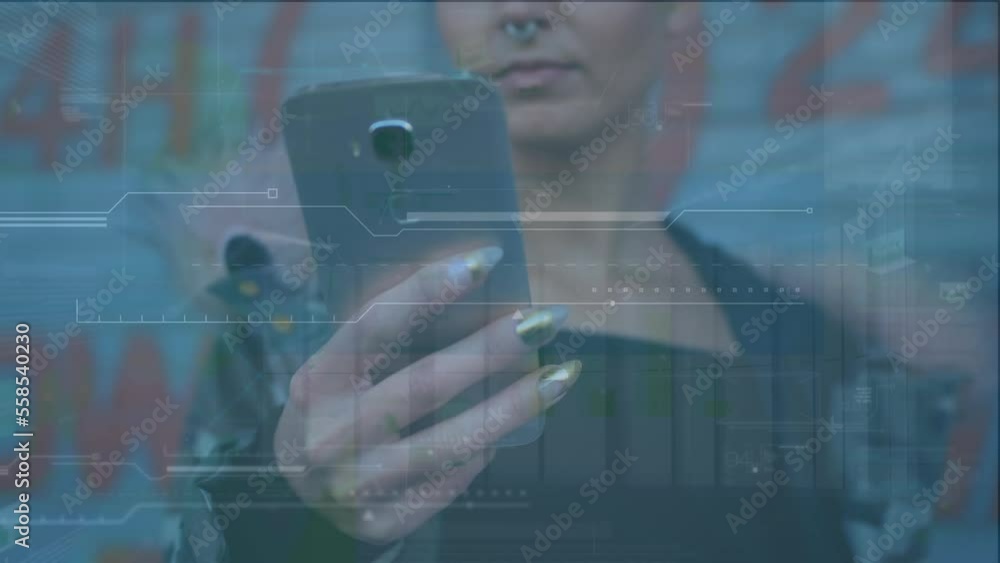 Poster animation of statistical data processing over caucasian woman using smartphone on the street