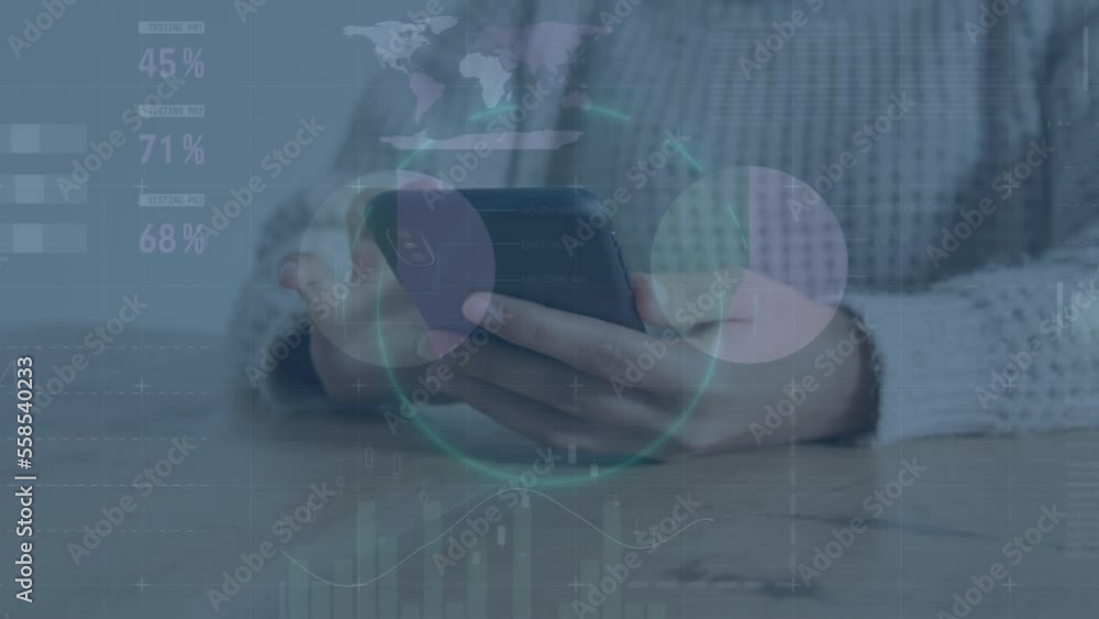 Aufkleber animation of statistical data processing over mid section of woman using smartphone at office