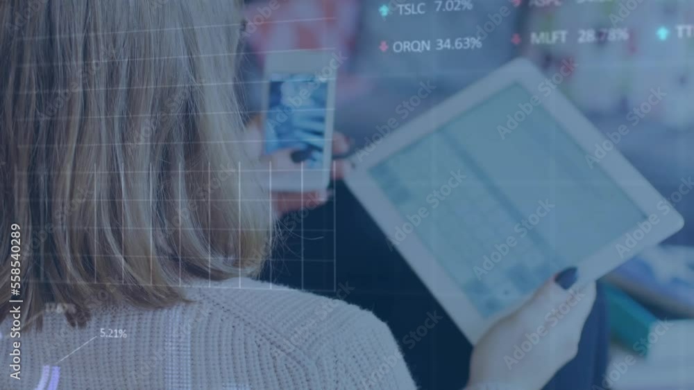 Aufkleber animation of financial data processing over rear view of woman using smartphone and digital tablet