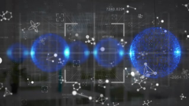 Animation of baubles with molecules and data processing over office