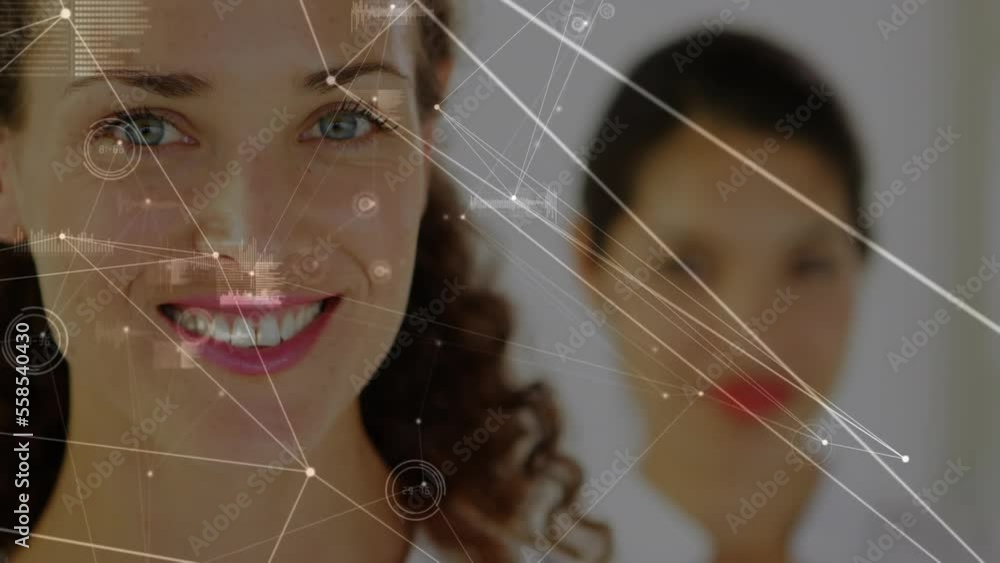 Poster animation of network of connections and data processing over close up of caucasian woman smiling