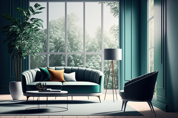 Architecture interior living room digital art illustration in a creative manner. Generative AI