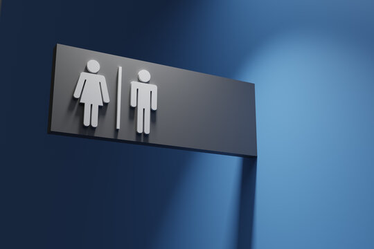restroom signs on blue wall, 3d rendering