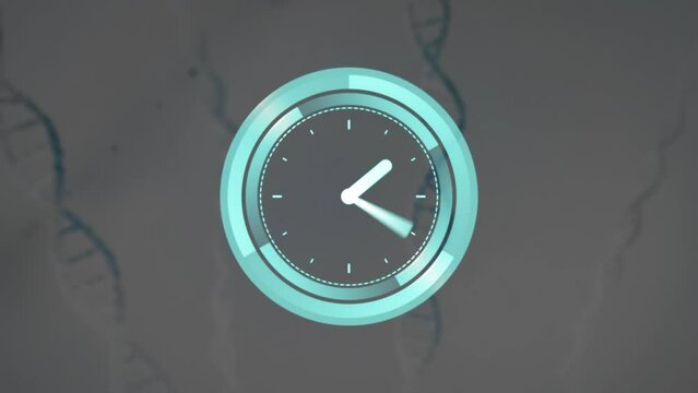 Animation of neon ticking clock over dna structures against grey background - Powered by Adobe