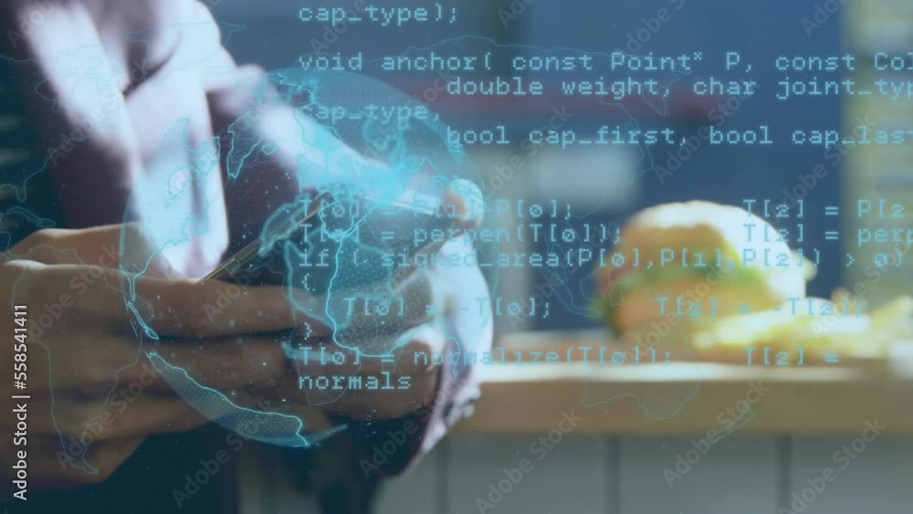 Poster animation of globe and data processing over biracial woman using smartphone