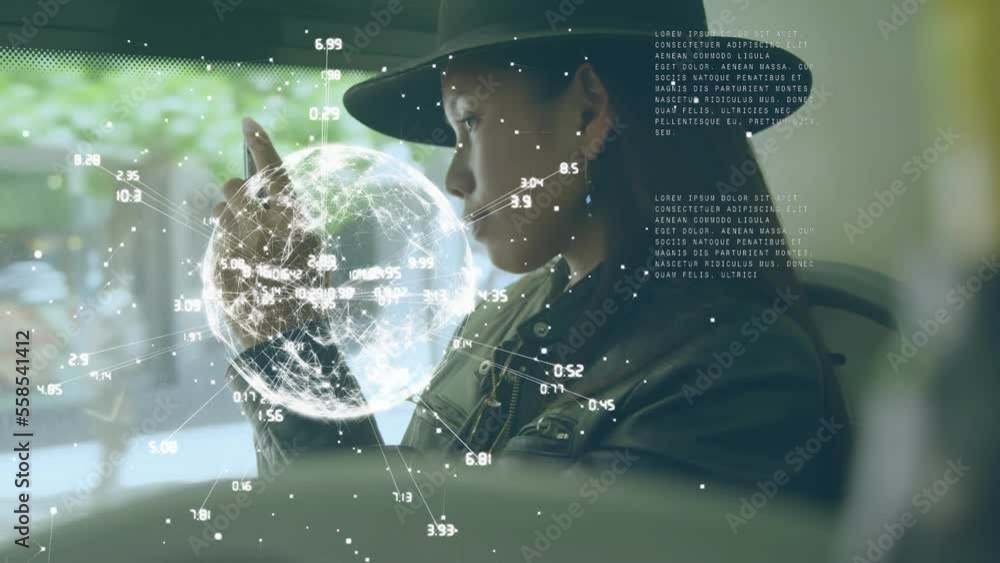 Poster animation of globe and data processing over biracial woman using smartphone