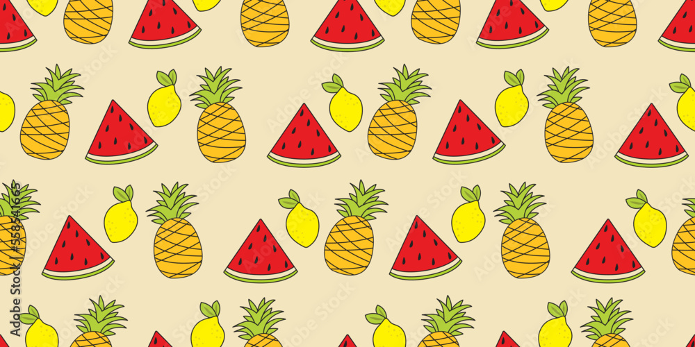 Poster watermelon, pineapple and lemon. vector fruit pattern. for print and seamless surfaces. fruit wallpa