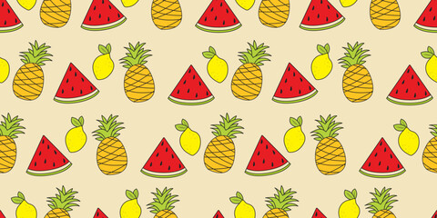 Watermelon, pineapple and lemon. Vector fruit pattern. For print and seamless surfaces. Fruit wallpaper pattern.