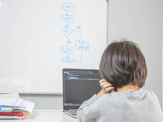 Fototapeta na wymiar Child learns coding and programming concept.