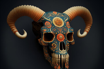 skull and bones of a goat for the Day of the Dead. Generative AI