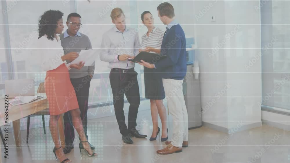 Poster executives discussing a document in an office, with animation of financial graphs and data overlaid