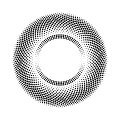 Black abstract halftone dots in round form. Geometric art. Design element for border frame, round logo, badge, emblem, tattoo, sign, symbol, social media, prints, template, pattern, backdrop