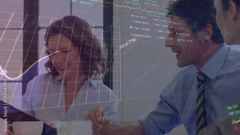 Poster animation of data processing over diverse business people smiling