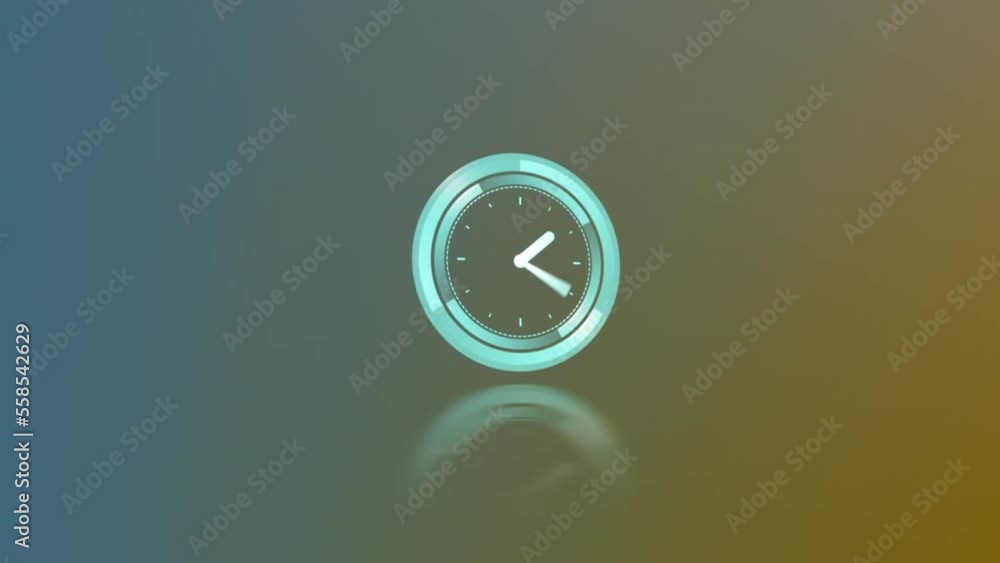 Poster animation of clock moving fast kaleidoscopic particles and snowflakes icons with snow ball