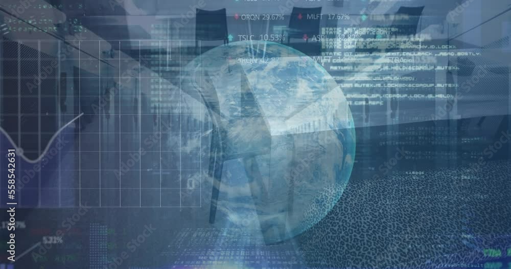 Poster animation of financial data processing over globe