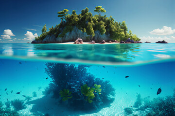 The view between tropical island and underwater, illustration created by generative AI.