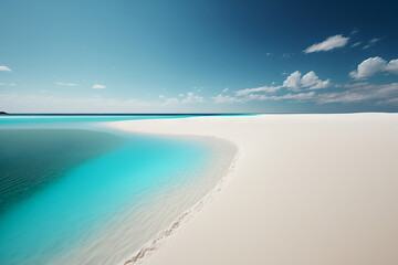 White sand with blue sea. Beautiful beach with clear sky background, illustration created by generative AI.