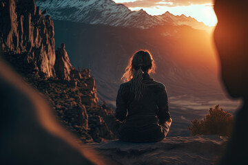 Woman sitting and do yoga pose on mountain cliff during sunset or sunrise, illustration created by generative AI.