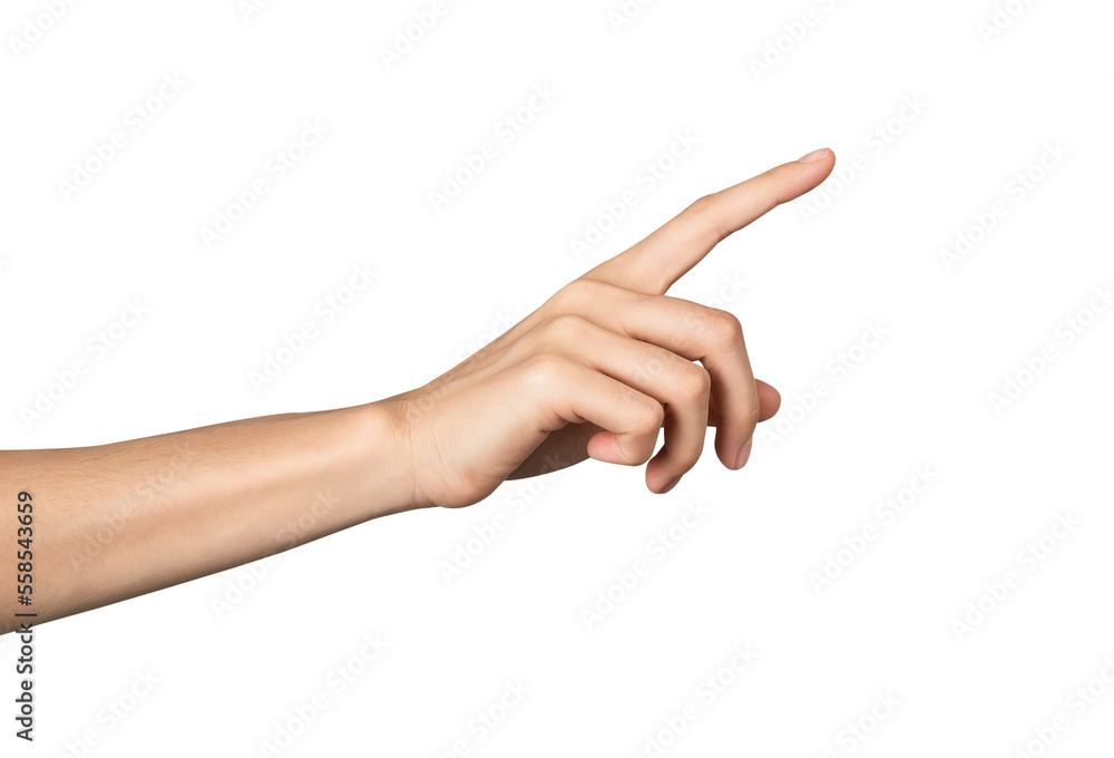 Wall mural hand pointing at screen on background. png format file.