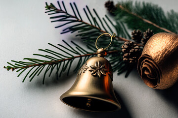 a branch and small metal bell Christmas ornament. Generative AI