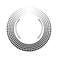 Abstract black dots in circle form. Concentric rotating circles.   Halftone dotted lines. Trendy element for posters, social media, logo, badges, frames, promotion, flyer, covers, banners, backdrop