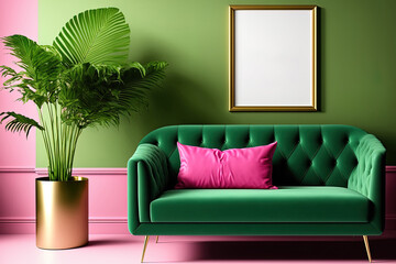 Realistic mockup of a blank picture frame in a contemporary green living room with a glamorous pink sofa and armchair, a contemporary coffee table, tropical indoor plants for decoration, a floor lamp