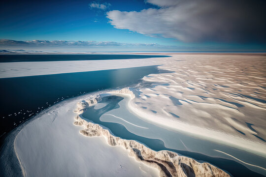 aerial image of the arctic sea at Barrow, Alaska, which is frozen over. Generative AI