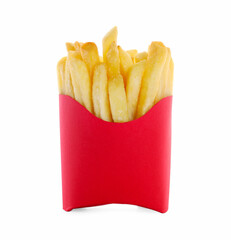 Delicious French fries in red paper cup isolated on white