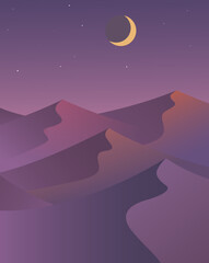 vector illustration of night desert landscape with crescent moon