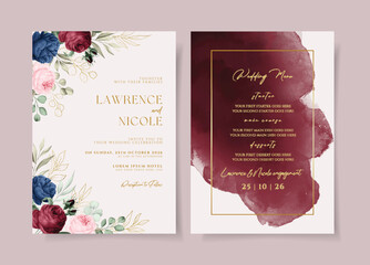 Wedding invitation template set with burgundy navy floral and leaves decoration. Watercolor wedding invitation