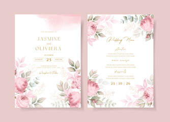 Wedding invitation template set with pink floral and leaves decoration