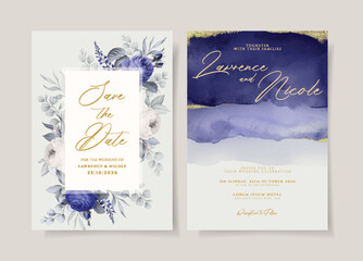Wedding invitation template set with violet floral and leaves decoration. Watercolor wedding invitation