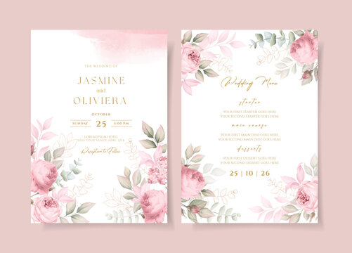 Wedding Invitation Template Set With Pink Floral And Leaves Decoration