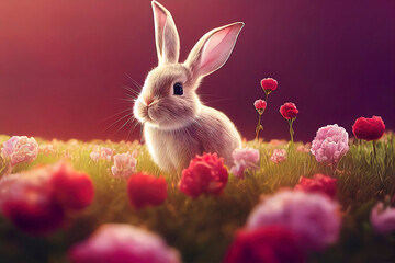 Fototapeta premium Chinese New Year 2023, the year of rabbit, Rabbit in peonias field