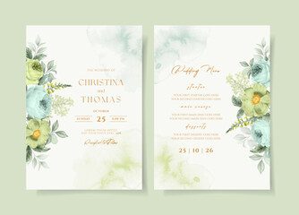 Wedding invitation template set with green floral and leaves decoration