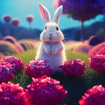 Chinese New Year 2023, the year of rabbit, Rabbit in peonias field