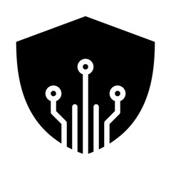 Isolated cyber security shield in solid glyph icon on white background