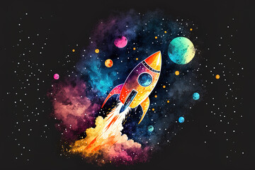 A rocket and a colorful galaxy in a watercolor doodle on a dark background. Generative AI