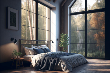 A bedroom with a large bed and a large window, Generative AI