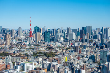 Naklejka premium 日本の首都東京都の東京タワーとビル郡