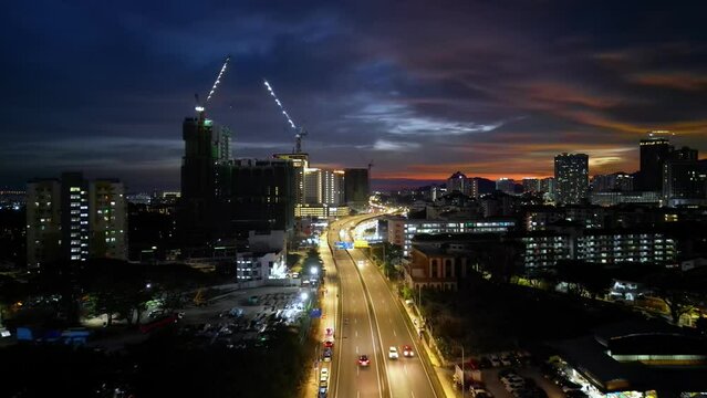 Aerial view sunset and car traffic road at Jalan Sultan Azlan Shah, Penang