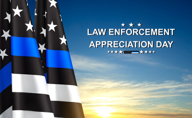 Thin Blue Line. American flag with police blue line on a background of sunset. Support of police and law enforcement. National Law Enforcement Appreciation Day. EPS10 vector