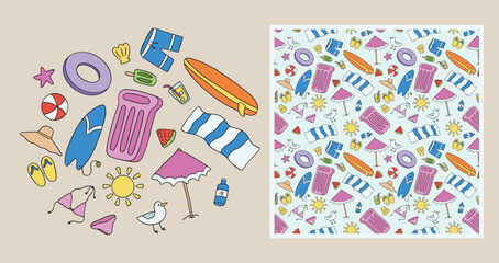 Hand Drawn Illustration Vacation Beach Clip Art Doodle Vector Set