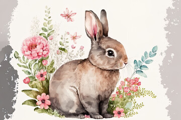 A lovely, fluffy, grey rabbit with pink ears is depicted in watercolor on a white backdrop with vibrant flowers. Generative AI