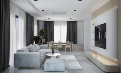 Interior design and Modern living room and dining room and empty wall background 