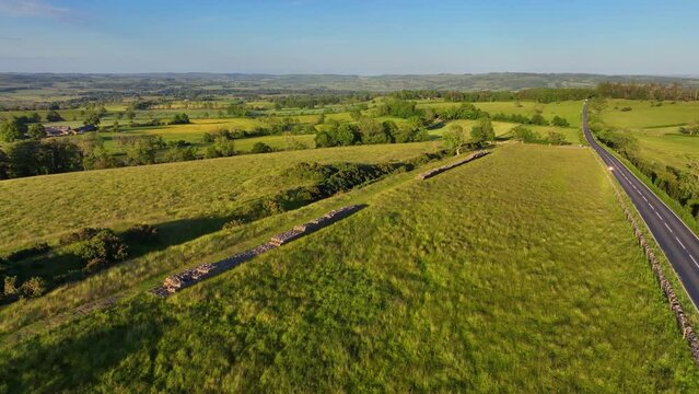 Black Carts Turret aerial view on Hadrian's Wall ruin near village of Chollerford in town of Hexham in England, UK. 
