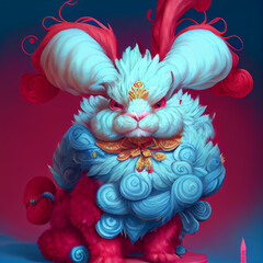 Happy new year, the year of rabbit, Chinese new year, Lunar new year, fluffy plush rabbit in traditional art style.