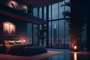 Luxury penthouse bedroom at night. Luxurious and classy interior. Generative AI.