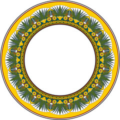 Vector colored round Egyptian border. Circle ornament of ancient Africa. Pattern of lotus flowers and sun..