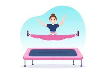 Fototapeta premium Trampoline Illustration with Youth Jumping On a Trampolines in Hand Drawn Flat Cartoon Summer Outdoor Activity Background Template